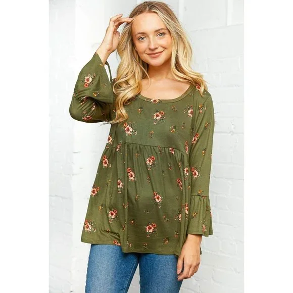 Olive Floral Bell Sleeve Babydoll Peplum Top - Picture 9 of 11